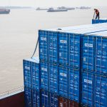 A barge loaded with containers at Yangluo Port on the Yangtze River, in Wuhan, China.