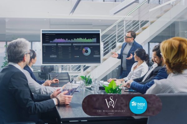 A business team meets in a modern conference room as a presenter points to a screen showing financial charts and market data.